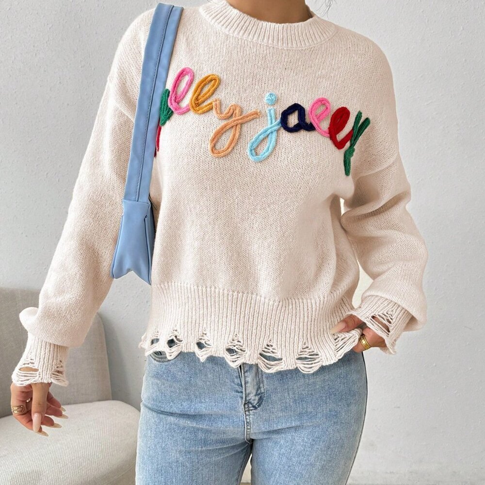 Apricot Casual Women's Round Neck Long Sleeve Letter Patchwork Knit Sweater - Picture 5 of 8